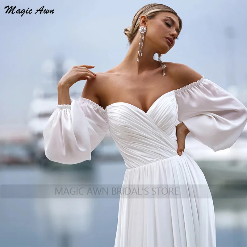 Magic Awn Off The Shoulder Beach abiti da sposa maniche lunghe Chiffon semplice Boho Maraige abiti per le donne 2023 Vestidos De Novia