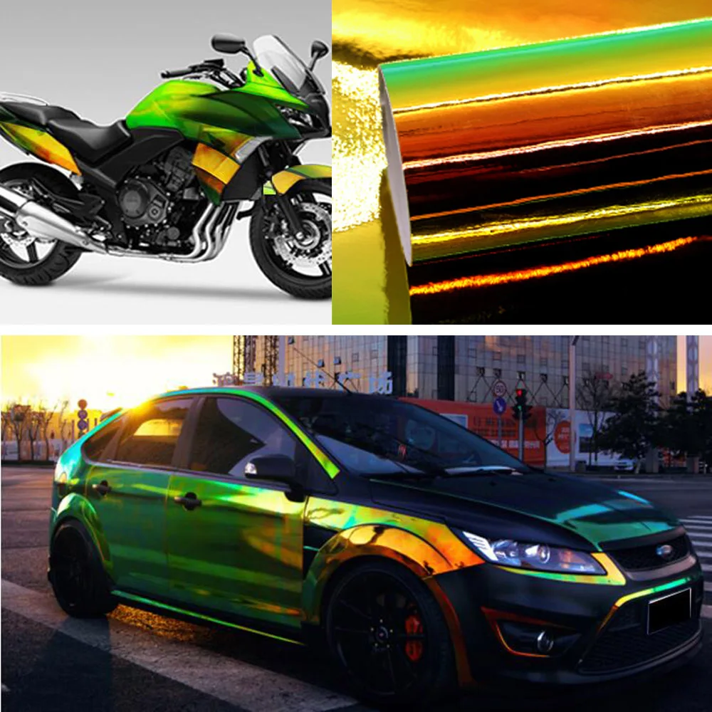 

Holographic Chameleon Green Orange Vinyl Wrap Film Motorbike Decals Sticker Sheet Roll 1.35m x 10m