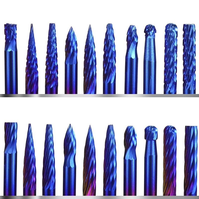 20 pcs 3x3mm super nano blue coating double cut and single mixed rotary carbide router shavings  burrs set