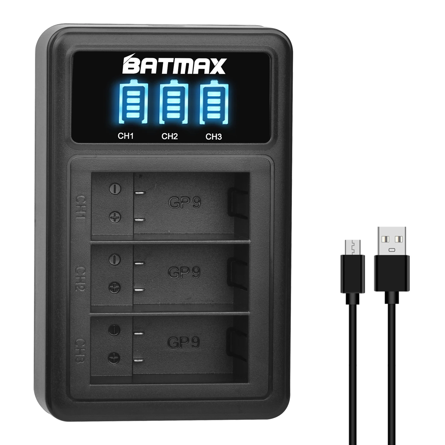 Batterie Batmax 1780 mAh pour GoPro fore9 fore10 11 12 caméras + chargeur USB LED 3 fentes noir avec stockage de batterie