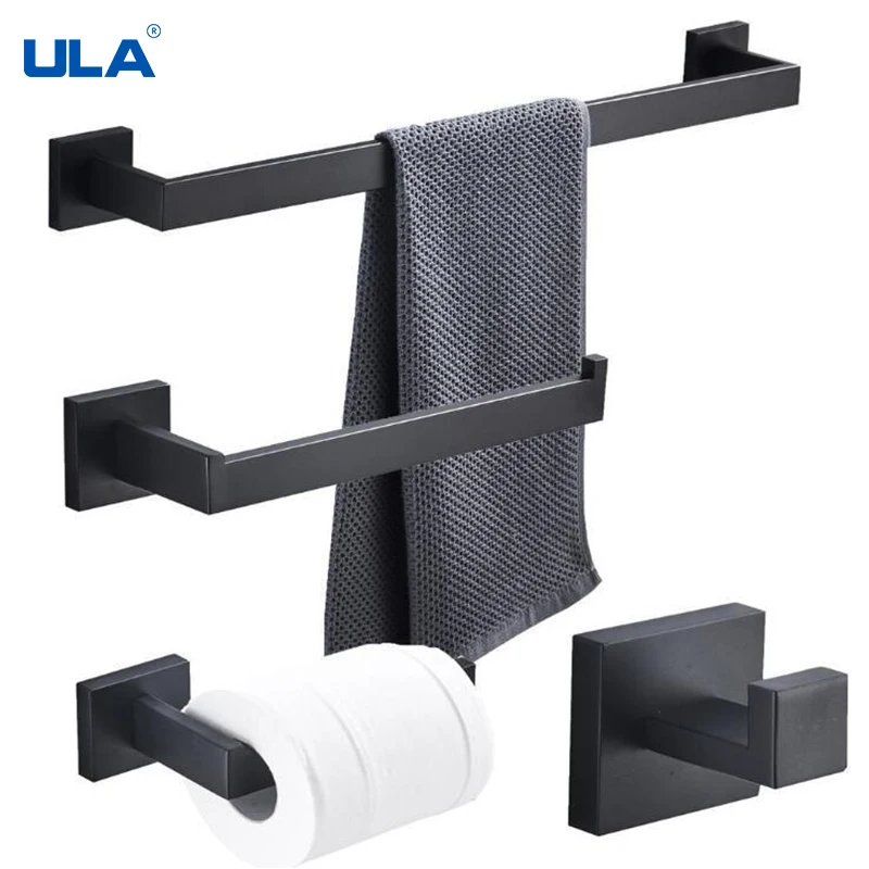 ULA 4pcs/set Bathroom Accessories Set Matt Black Robe Hook Single Towel Bar Robe Hook Paper Holder Shelf bathroom fixture