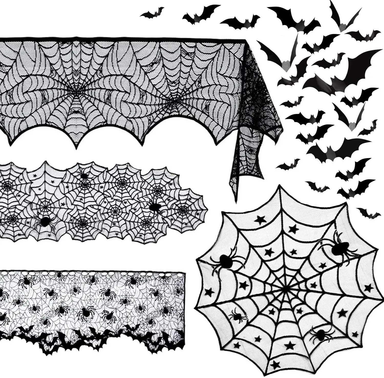5 Pack Hallowen Spider Tablecloth Black Lace Cobweb Fireplace Cover Table Runner for Halloween Home Event Party Decoration Props
