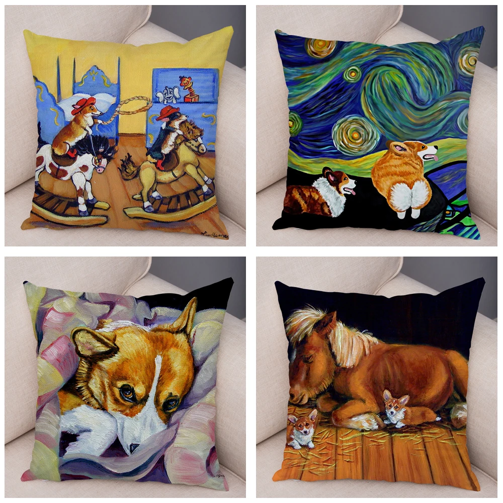 Soft Plush Welsh Corgi Pembroke Cushion Cover for Sofa Children Room Decor Cartoon Animal Pillowcase Oil Painting Pillow Case