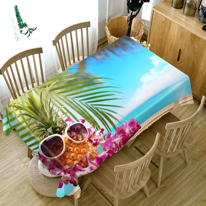 3D Pineapple Orange Juice Pattern Resort Beach Tablecloth Thicken Cotton Rectangular/Round Table Cloth for Wedding Picnic Party