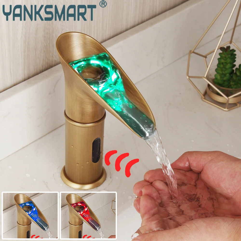 YANKSMART LED Waterfall Bathroom Basin Sensor Faucet Deck Mounted Mixer Tap RGB Color Change Powered by Water Flow Faucet