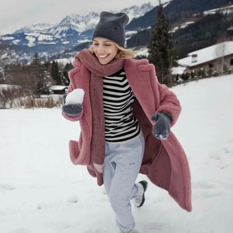 Chaqueta de piel sintética para mujer, abrigo largo rojo, blanco y rosa, con cuello de piel vintage, elegante, de invierno