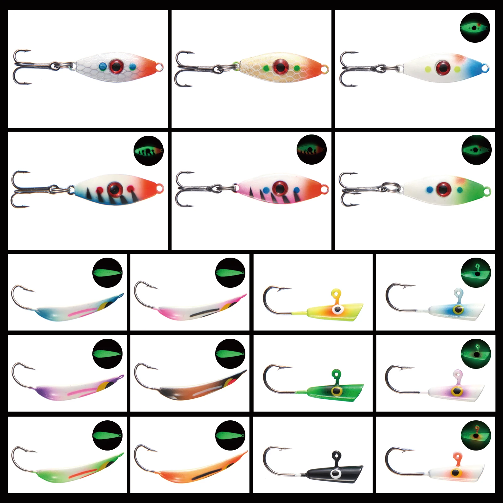 Bassdash Ice Fishing Lure Kit Glowing Paint Jigs for Winter Ice Jigging Crappie Sunfish Perch Walleye Pike