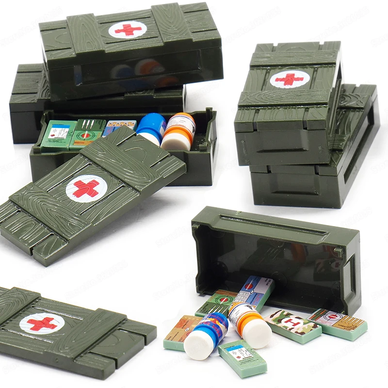 Ensamblaje de bloques de construcción de caja de suministro del ejército frontal, figuras de guerra militares Moc, equipo médico Boxe, modelo para