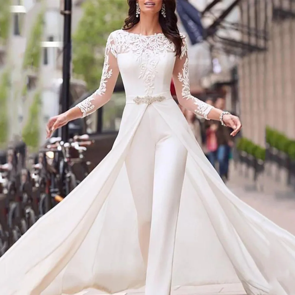 Abiti da sposa in pizzo con tuta con strascico staccabile maniche lunghe o-collo abiti da sposa formali in rilievo abiti da sposa personalizzati