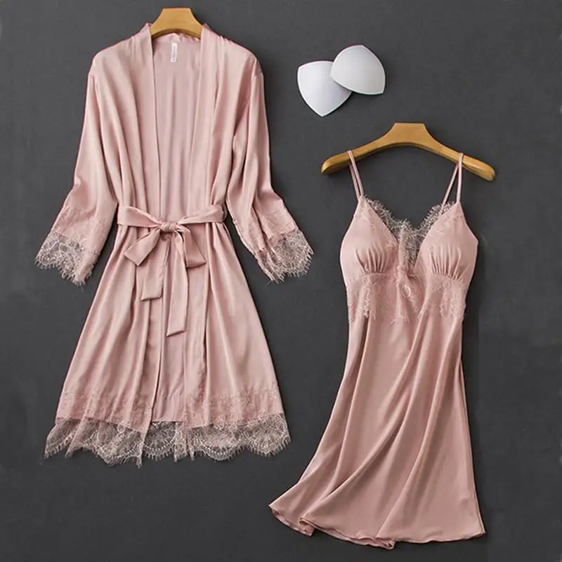 Nighty Robe Set Womens 2PCS Nightshirts Sleep Suit V-Neck Pajamas Silky Sleepwear Homewear Wear Home Nightdress Negligee Gown