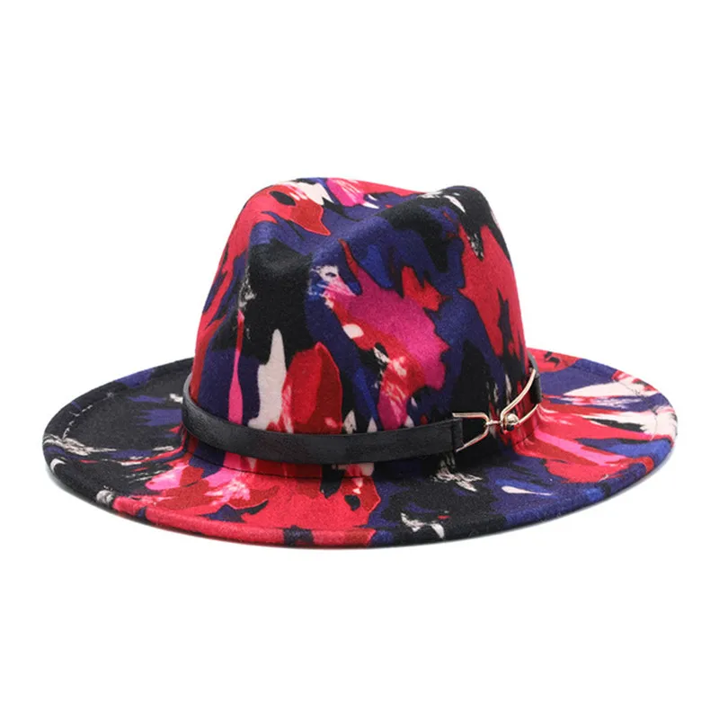 Colorful Printed fedora hat spring autumn new bright color woolen jazz hat men women felt hat tie-dye wool-like Panama hat