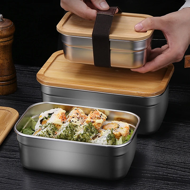 Japanese Style Bento Lunch Box with Wood Cover Fresh-Keeping Container Storage Case for Kids School Portable Food Orgniazer