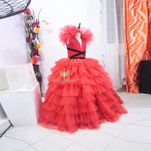 Extra Puffy Red Tiered Ruffles Flower Girls Long Formal Tulle Dresses For   Wedding Birthday Party Gowns Plus Size Custom Made