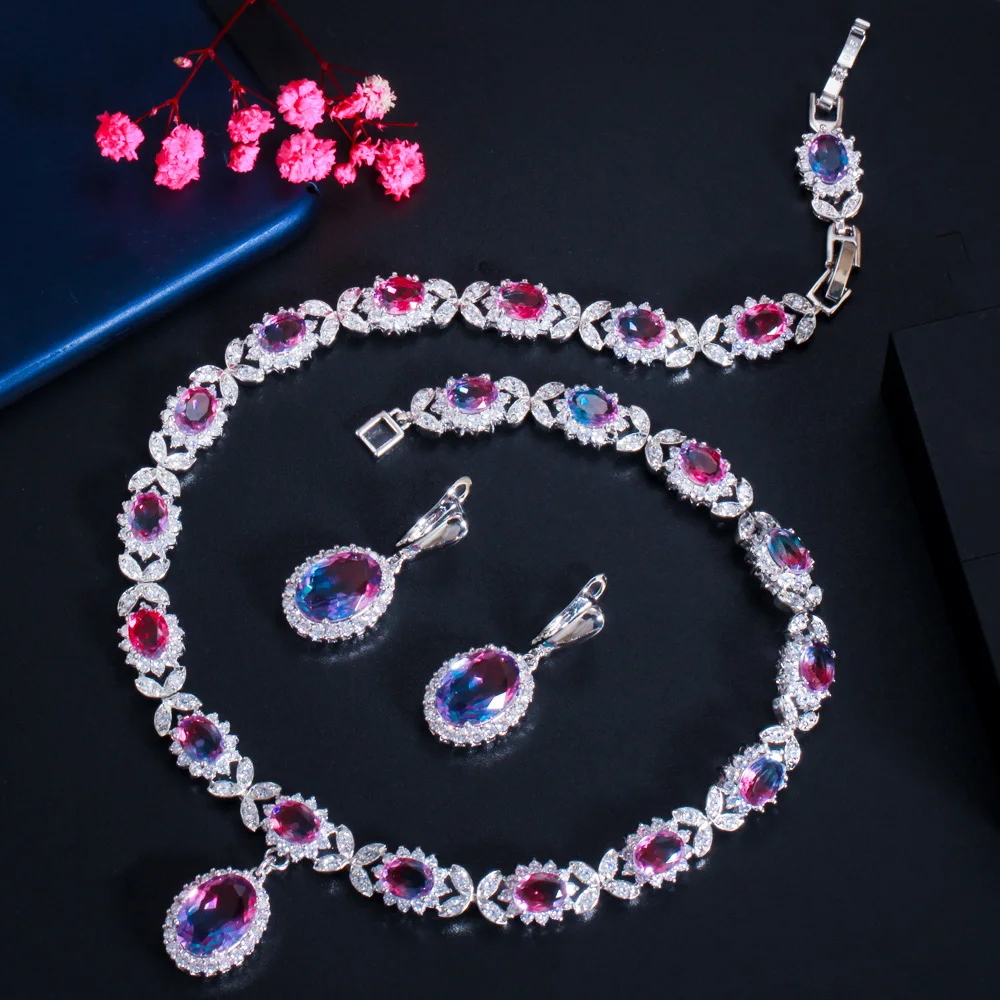 CWWZircons Elegant Mystical Rainbow Cubic Zirconia Crystal Oval Drop Earrings and Necklace Set for Women Party Jewelry Gift T509