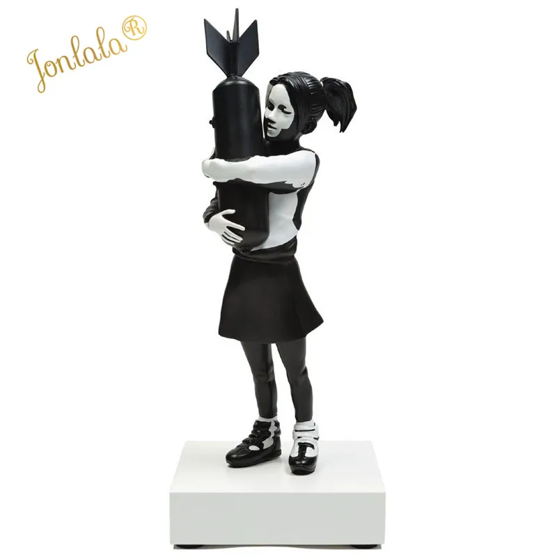 Modern Art Bomb Hugger, Banksy Bomb Girl, Street Art Resin Statue, Creative Home Gifts, Desktop Decor, White and Black, 32cm