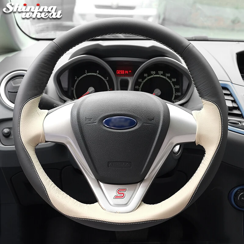 

Shining wheat Black Beige Leather Car Steering Wheel Cover for Ford Fiesta Ecosport B-MAX Ka(Ka+) Tourneo Courier