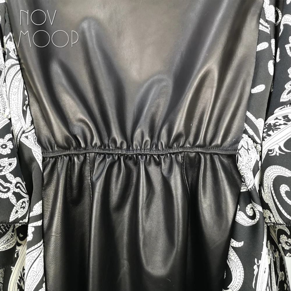 Novmoop – chemise d'été col rond pour femmes, taille brodée, en cuir de mouton véritable, épissée, à volants, décor LT3096