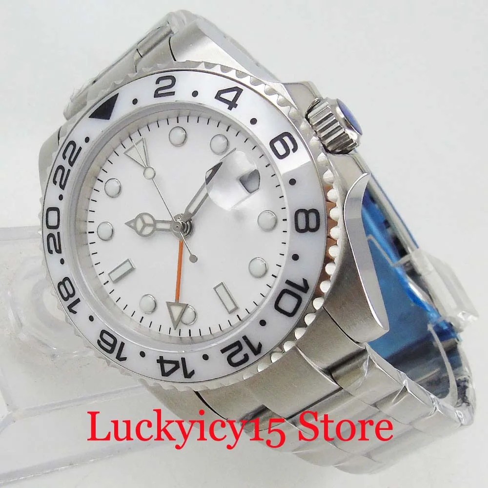 

BLIGER 40mm White Sterile Dial Self Winding Men Watch GMT Function Date Window Ceramic Bezel Auto Movement SS Strap