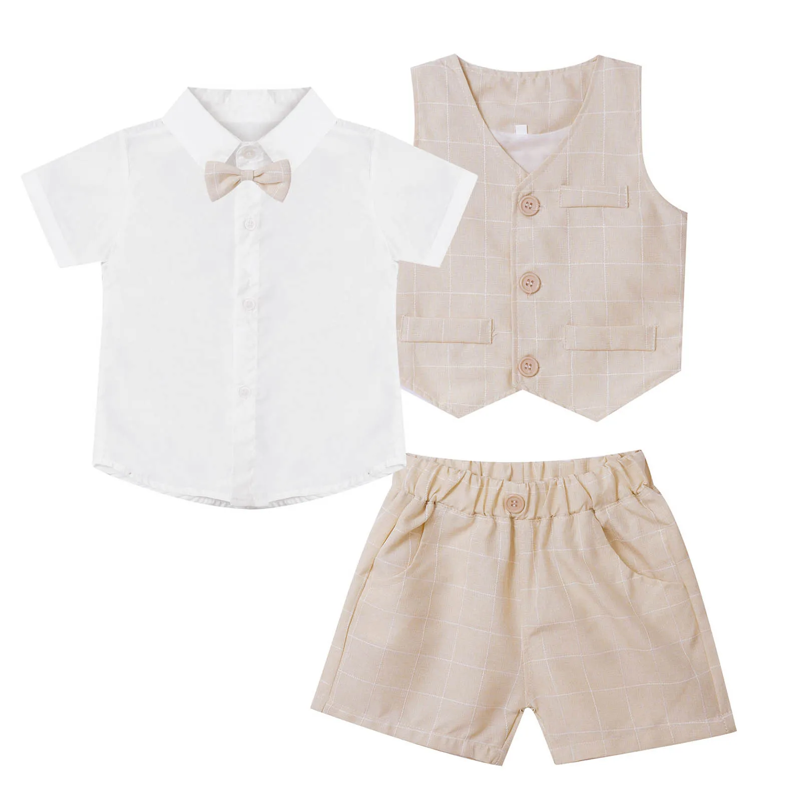 Conjunto de ropa de verano para niños, camisa de manga corta con pajarita, Tops, chaleco y pantalones cortos, trajes informales, traje Formal para bebés, 3 piezas