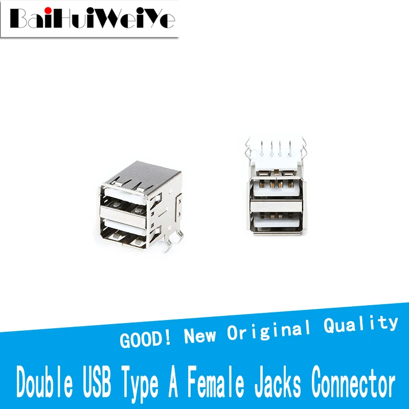 10Pcs/Lot Double USB Type A Female Solder Jacks Connector PCB Socket USB-A Type 90 Degrees 4Pins