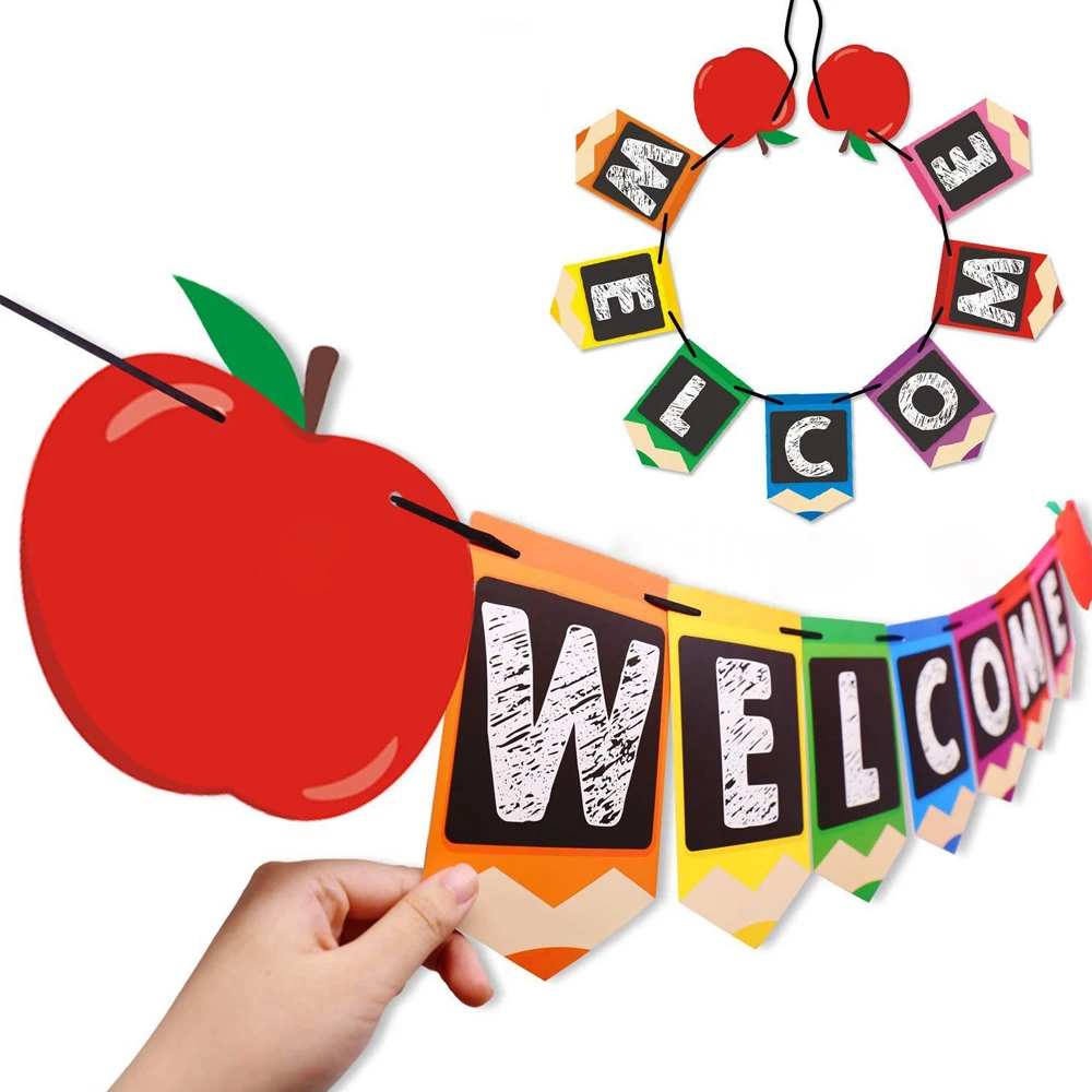 2pcs Welcome Class Back to School Hanging Sign Banner Bunting First Day of School for Classroom Decor Party Decorations