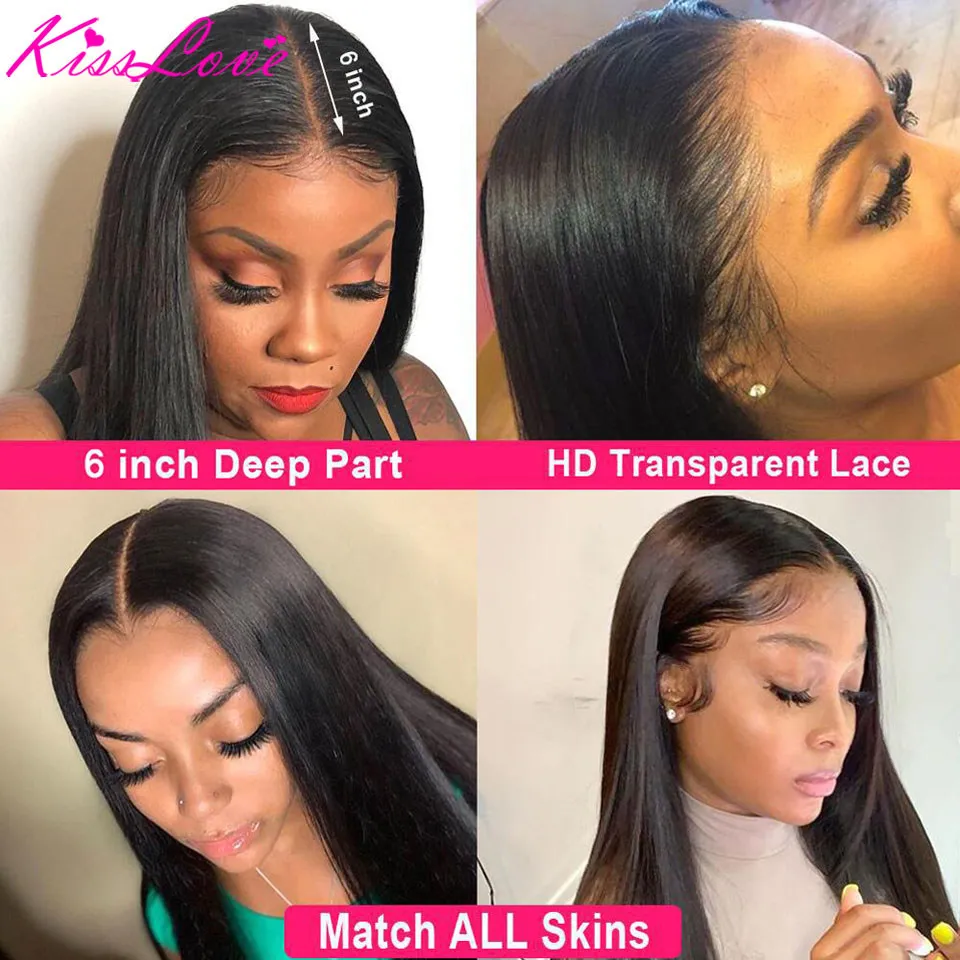 Straight HD Transparent 13x6 Lace Front Human Hair Wig for Black Women Pre-Plucked Brazilian Glueless Lace Frontal Wigs KissLove