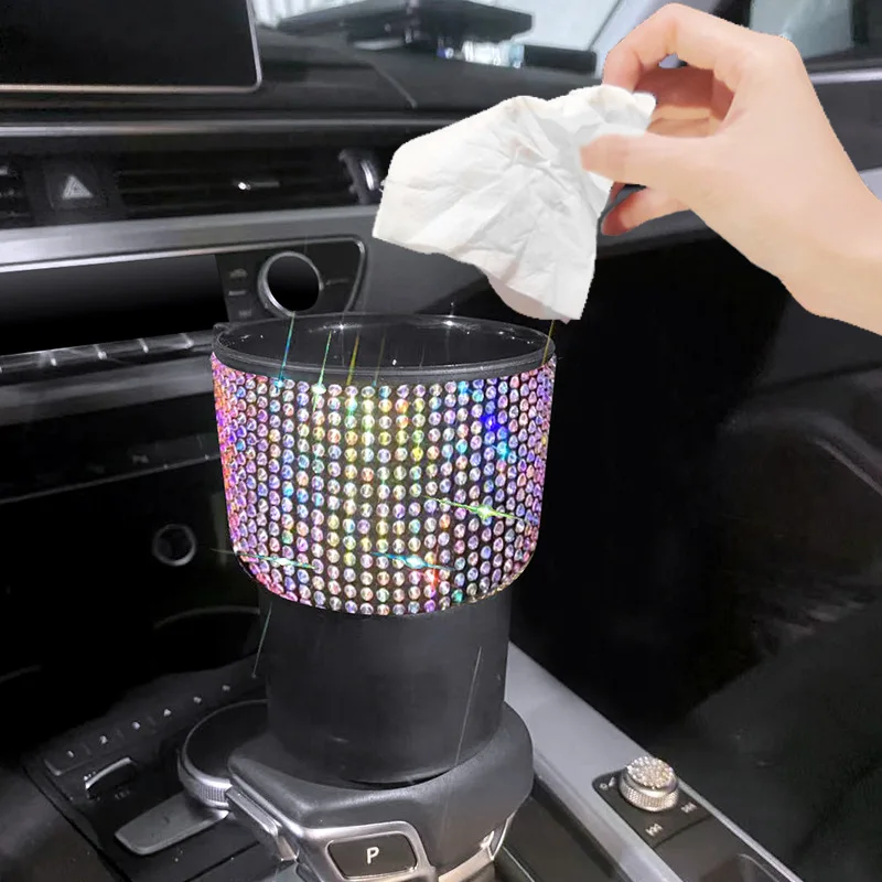 Car Diamond Glitter Trash Can for Car Organizer Garbage Holder rhinestone Round Storage Bins Center Console Car Accessories