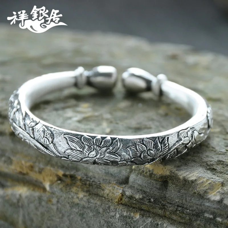 ★S999 fine silver lotus lotus sterling silver bracelet national wind restoring ancient ways round head silver bracelets