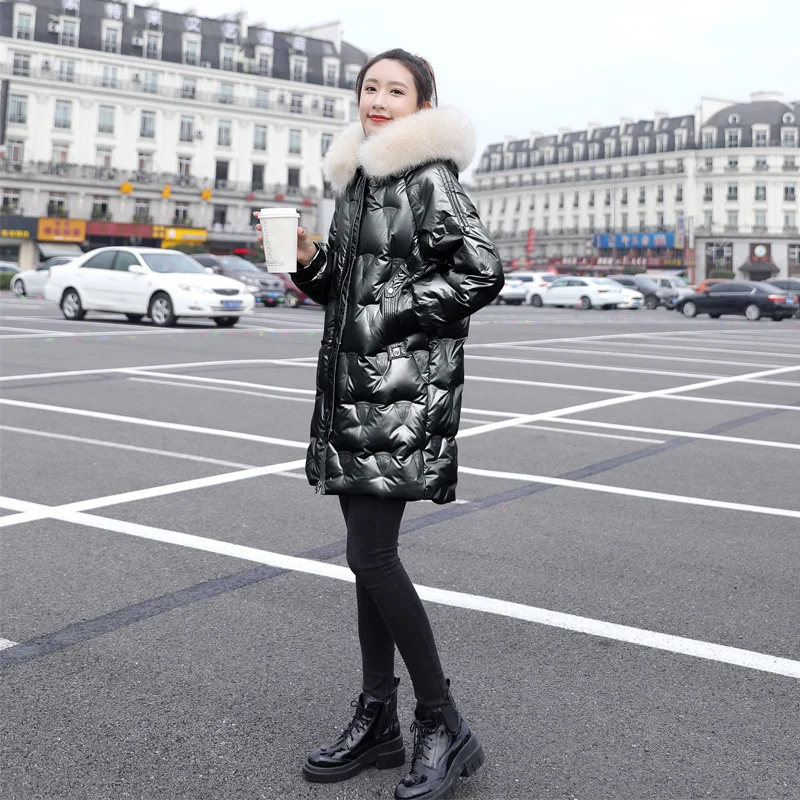 Glossy golden down warm Parkas coat winter fashion brand thick warm down jacket female big fur collar long down jacket F857