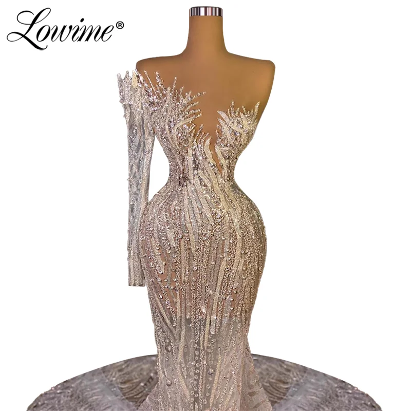 Lowime Dubai Long Evening Dresses Plus Size One Shoulder Handmade Crystas Pageant Party Dress Mermaid Prom Dresses Custom Made