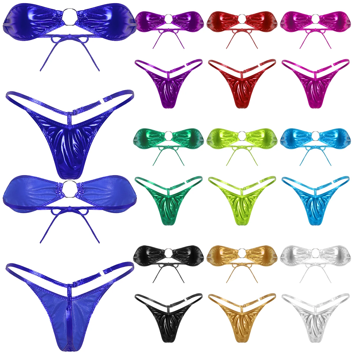 Women Sexy Micro Bikini Lingerie Set Sexy Strapless Mini Bra Top With Thongs Underwear Set Shiny Metallic Sexy Bra And Panty Set