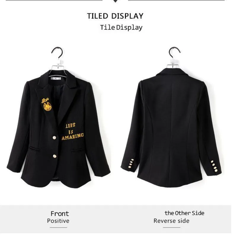 PEONFLY New Korean Style Classic Embroidery Solid Long Sleeve Slim Temperament Jacket Women Office Lady Chic Casual Blazer Suits