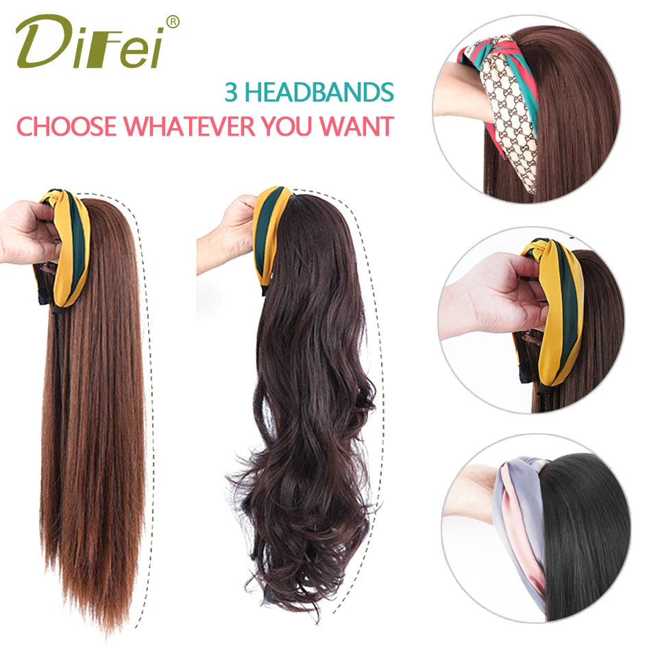 DIFEI Synthetic Headband Wigs Short Straight Natural Black Bob Wig Fit The Head Heat Resistant Fake Hair For White/Black Women