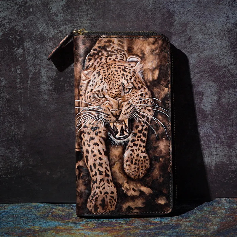 

Handmade Genuine Leather Wallets Carving Leopard Purses Men Long Clutch Vegetable Tanned Leather Wallet Card Holder