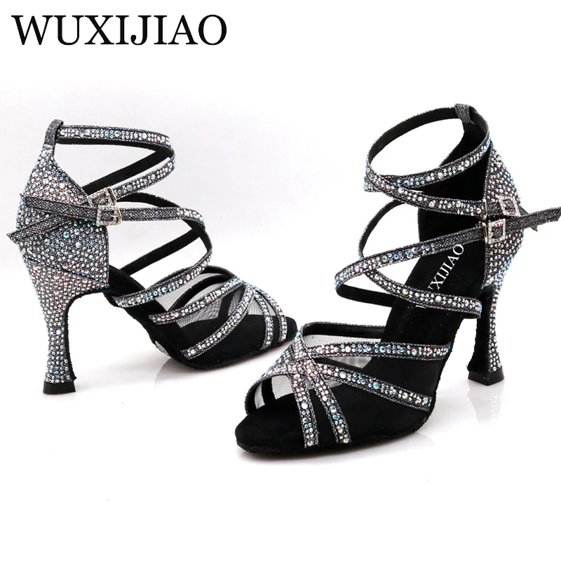 Wuxijiao sapatos de dança latina para mulheres, sapatos de cetim com glitter e strass, com fundo macio, para salsa e salão