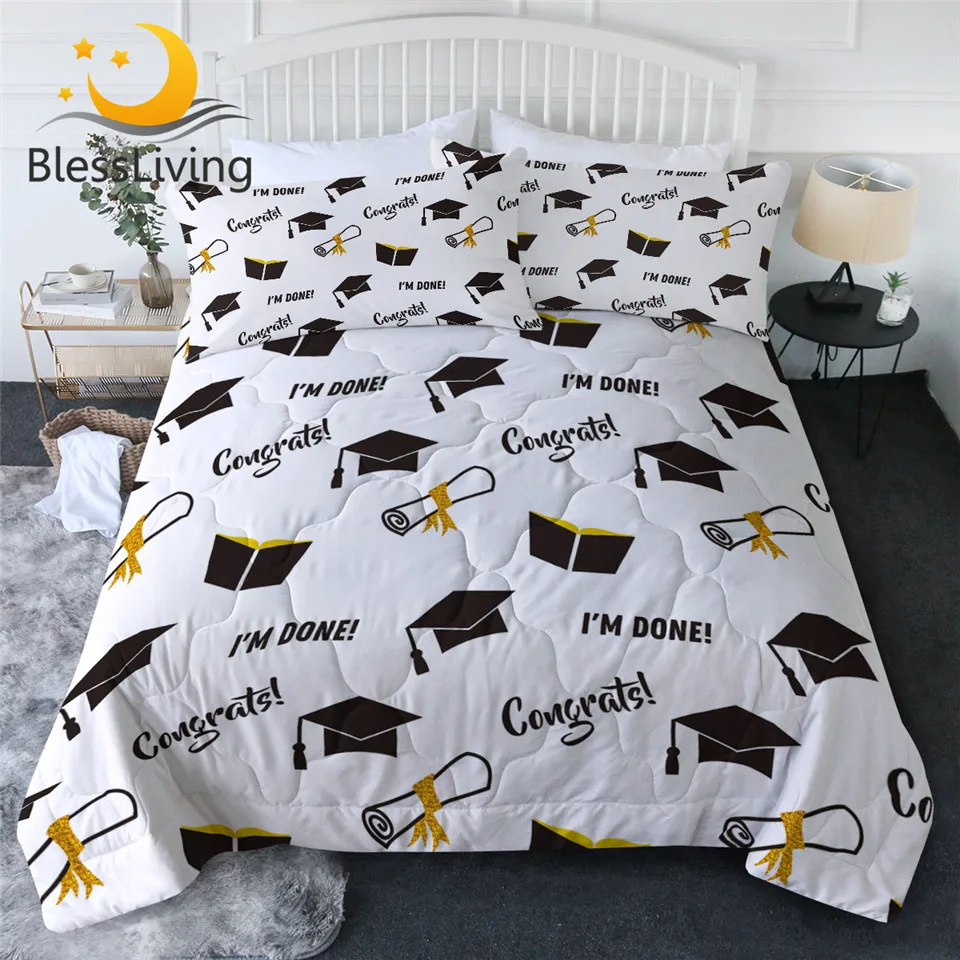 

BlessLiving Bachelor Cap Quilt Set Graduation Thin Comforter Black Golden Summer Bedding Modern Air-conditioning Duvet Dropship