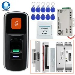 RFID Biometric Fingerprint Access Control System Kit+Electric Magnetic/Strike/Bolt Lock+Exit Button+Power Supply+10Keyfobs