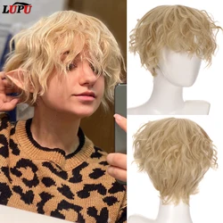 Lupu sintético cabelo curto peruca encaracolado com franja cosplay meninos perucas para festa diária preto rosa anime cabelo de alta temperatura