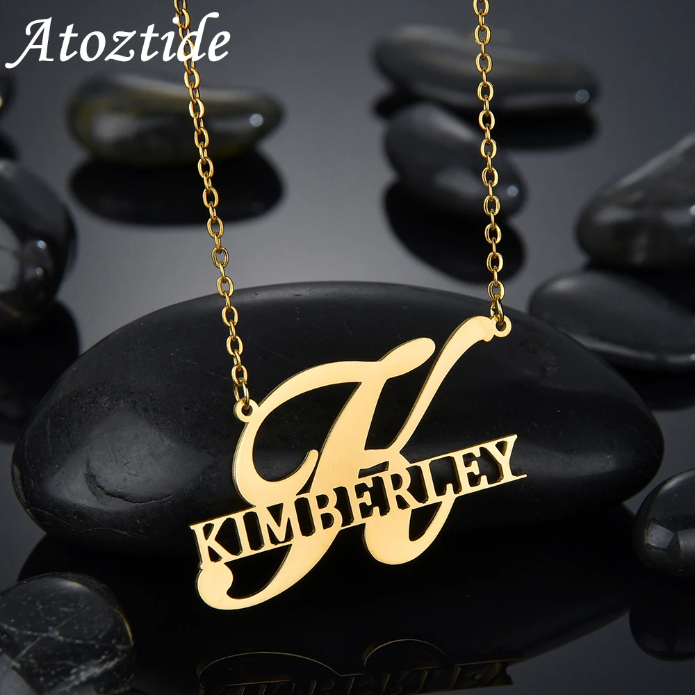 Atoztide Big Letter Custom Name Necklace Personalized Pendant Jewelry Stainless Steel Chain Choker for Women Christmas Gift