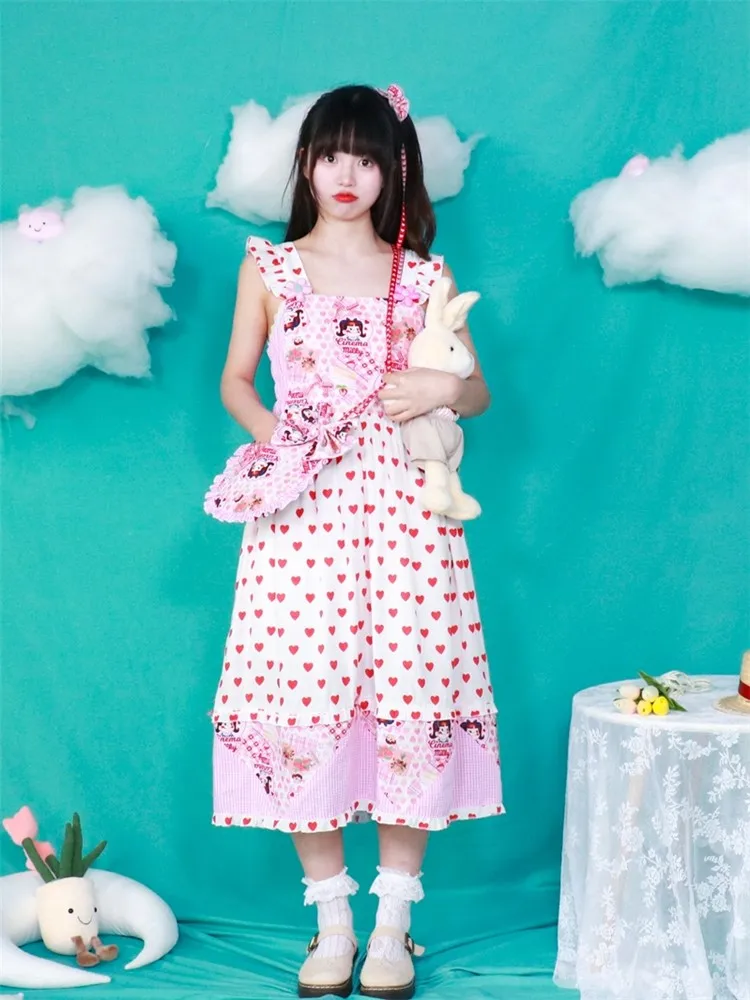 

Kawaii Cute Summer Sweet Girl Printed Vest Jsk Dress Love Cartoon Pattern High Waist Long Sleeveless Dresses