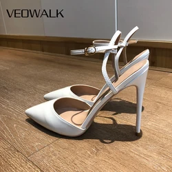 Veowalk Summer Women Solid White Patent Pointy Toe Backless Stiletto Pumps Ankle Strap 8-12cm High Heel Sandals Party Shoes