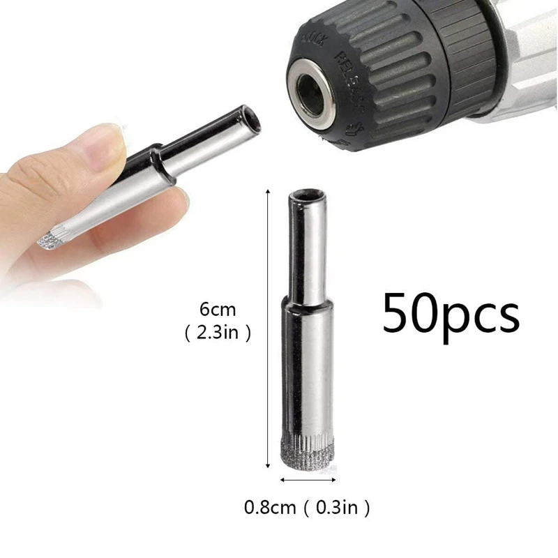 50 Pcs Diamond Coated Drill Bit for 8 mm Diamond Pointed Hole Saw, for Ceramic Tiles, Glass, Kitchen Ceramics, Marble