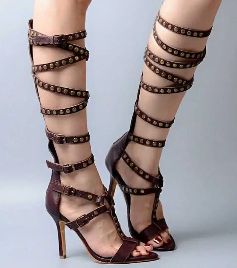 2019 Buckle Metal Button Women Summer Knee High Boots Open Toe Sexy High Heel Ladies Roman Shoes Woman Fashion Gladiator Sandals