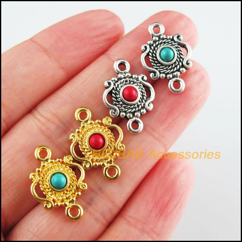 15Pcs Tibetan Silver Tone Gold Color Crown Red & Blue Stone Flower Charms Connectors 13x19mm