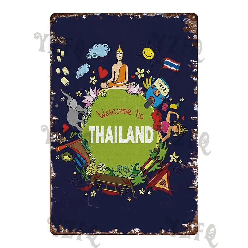 Vintage Thailand Travel Poster Tuktuk Car Taxi  Thai Elephant Metal Sign  Wall Bar Restaurant Home  Craft Decor 30X20CM DU-4682A