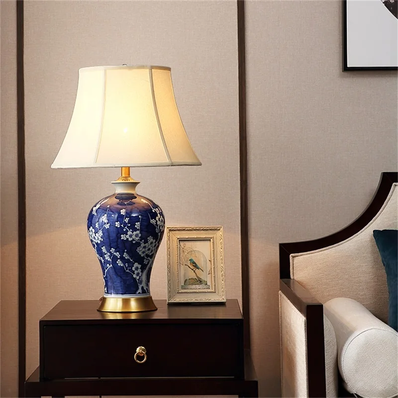 OURFENG LED Table Lamp Ceramic Copper Luxury Desk Light Fabric Bedside Decorative for Home Dining Room Bed Room Office