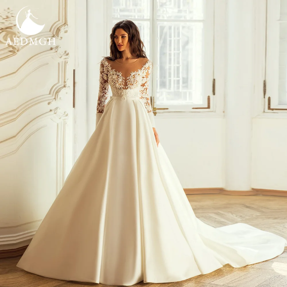 Aedmgh A-Line Vintage Wedding Dresses O-Neck Long Sleeve Satin Vestido De Novia Appliques Shiny Sequined Custom Made Bridal Gown
