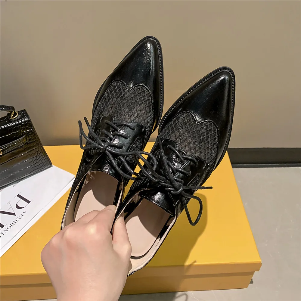 MILI-MIYA Fashion New Comfortable Cross Tie Square Heel Pumps Sexy Pointed Toe Genuine Leather Mesh Hollow Out Daily Life Shoes