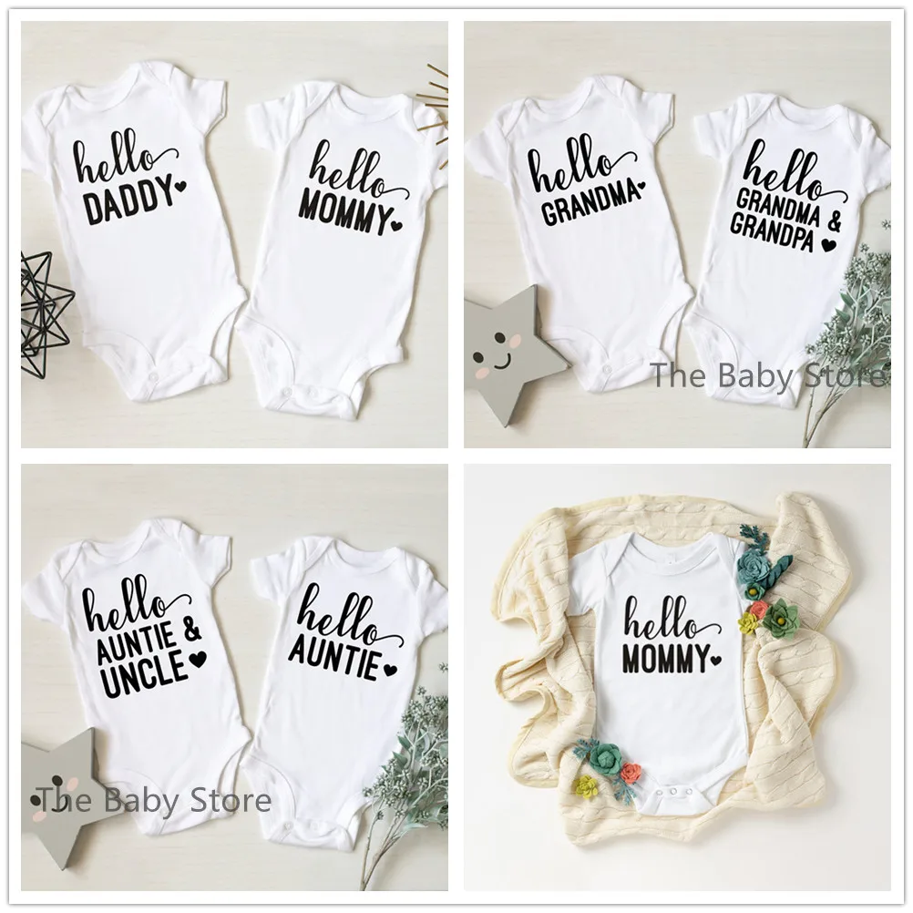 HELLO AUNT UNCLE Letters Print Newborn Baby Bodysuit Cotton Baby Boy Girl Onesie Short Sleeve Romper Jumpsuit Body Baby Clothes