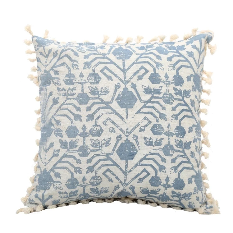 Boho Retro Printing Cushion Cover With Tassels Blue White Pillow Cover Moroccan Style Seat Cushion Pillowcase Bedroom Home Decor